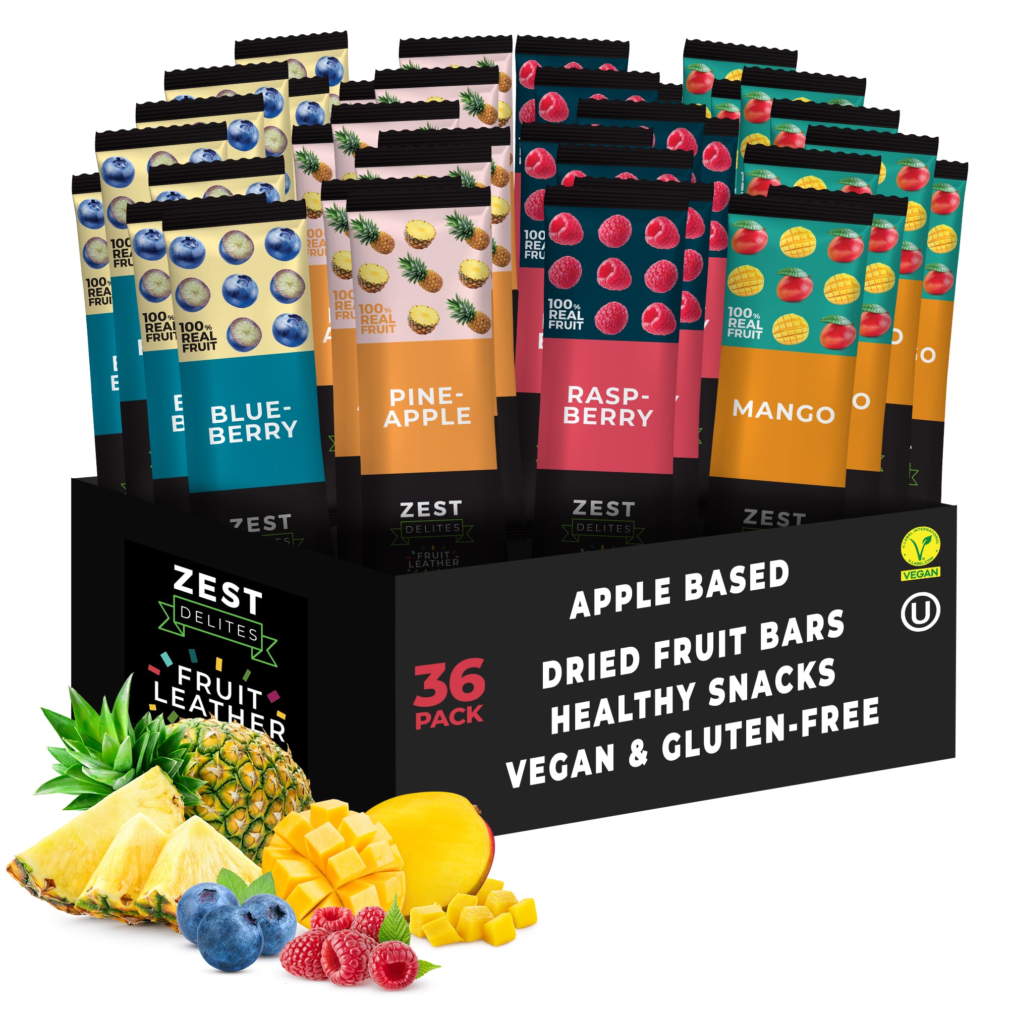 Fruchtleder, 36er-Pack – Ananas, Mango, Blaubeere, Himbeere