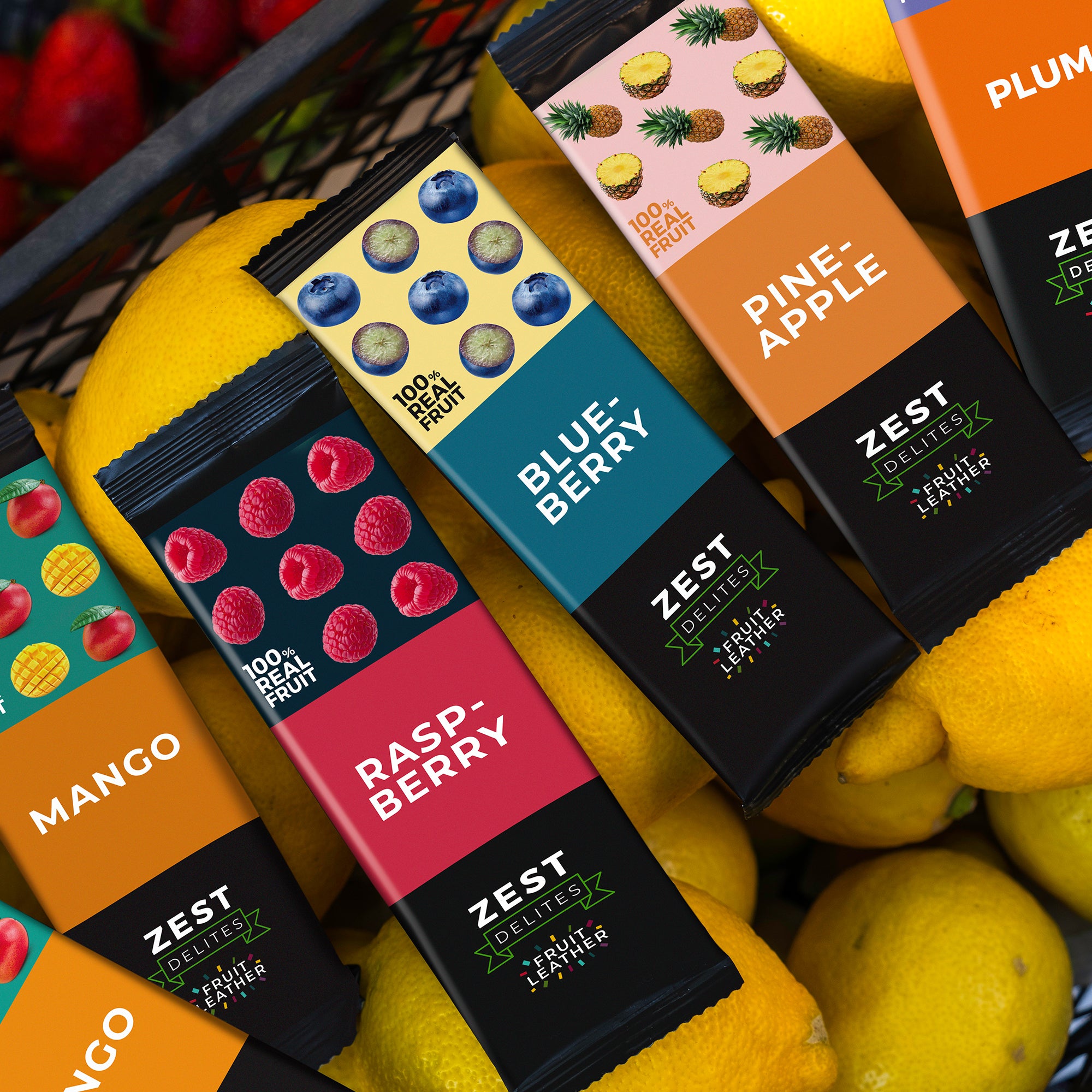 Fruchtleder, 36er-Pack – Ananas, Mango, Blaubeere, Himbeere