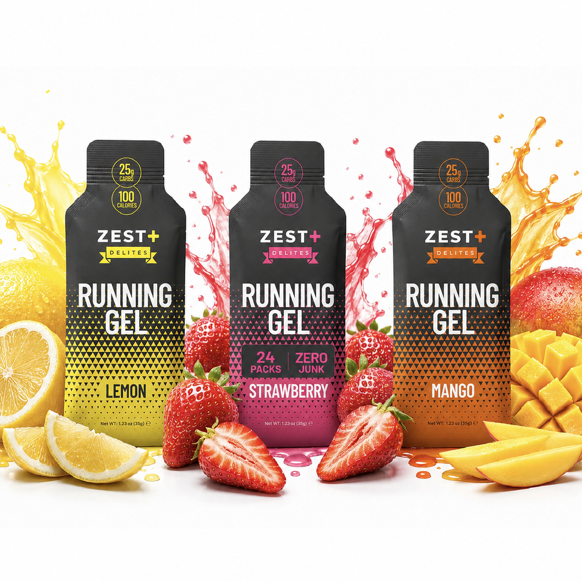 Zest Delites+ Energy Gel Strawberry | Mango | Lemon Variety Pack 24— Real Fruit, Gut-Friendly Running Fuel
