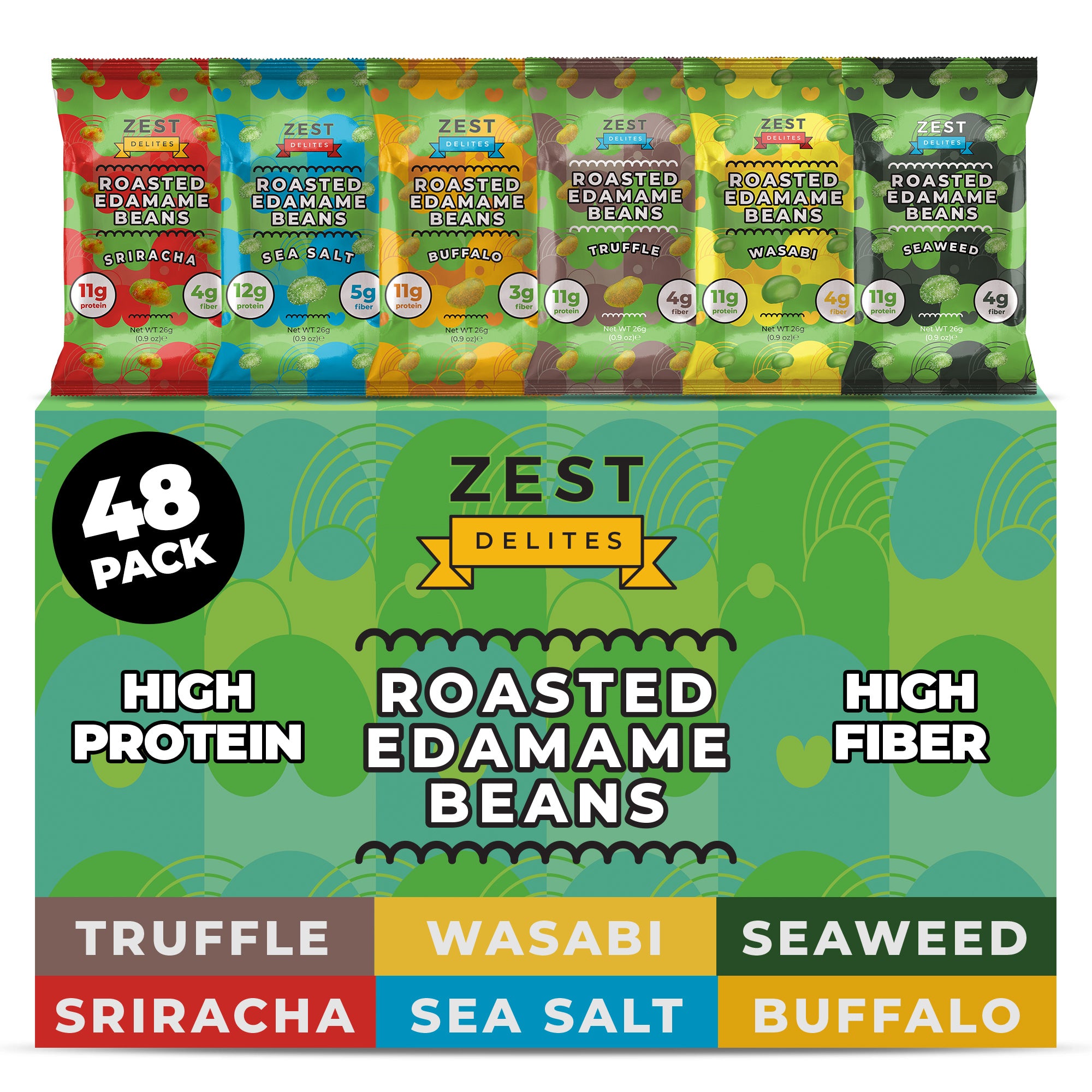 まめ Edamame Snack by Zest Delites 48 Packs, Sea Salt, Sriracha