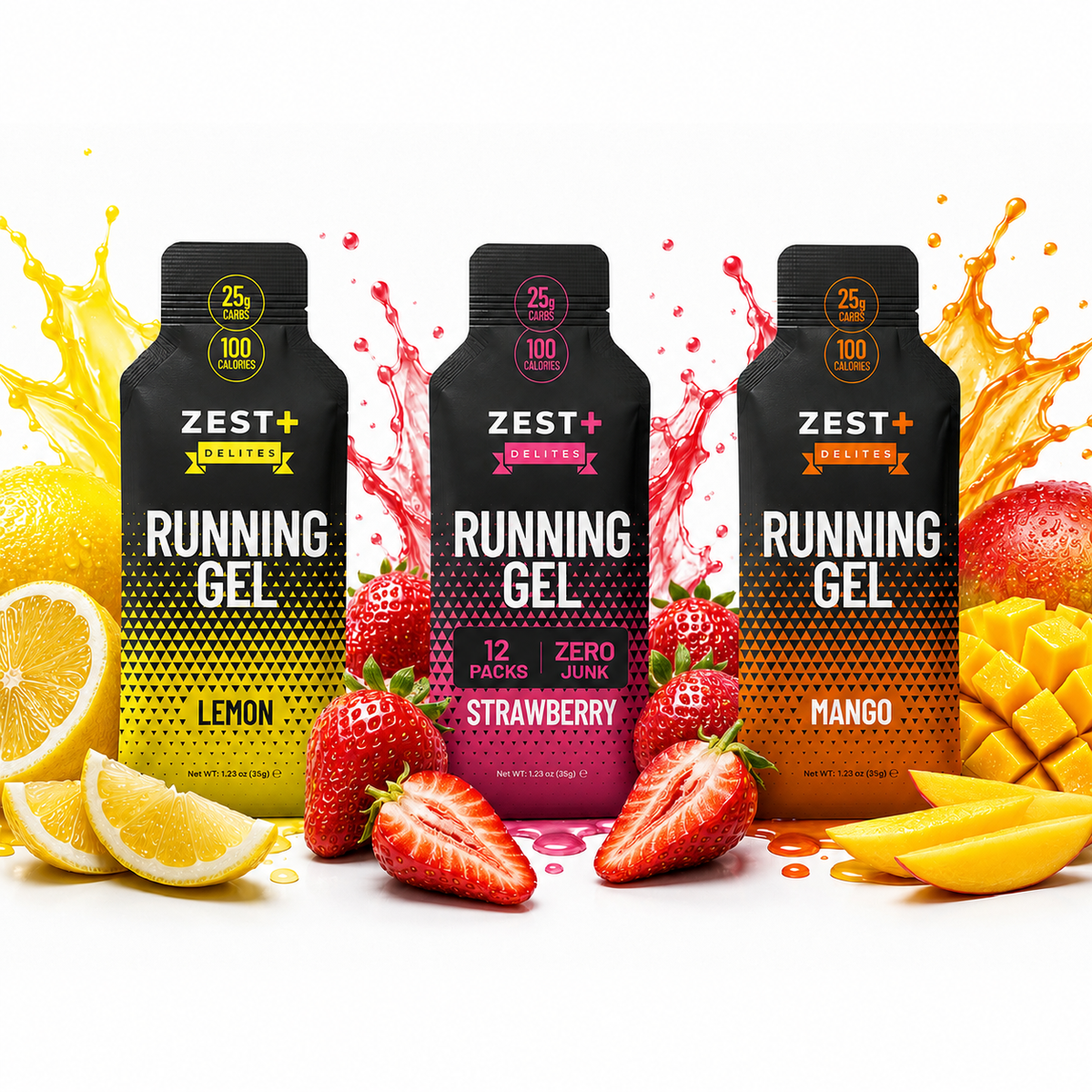 Zest Delites+ Energy Gel Strawberry | Mango | Lemon Variety Pack 12— Real Fruit, Gut-Friendly Running Fuel