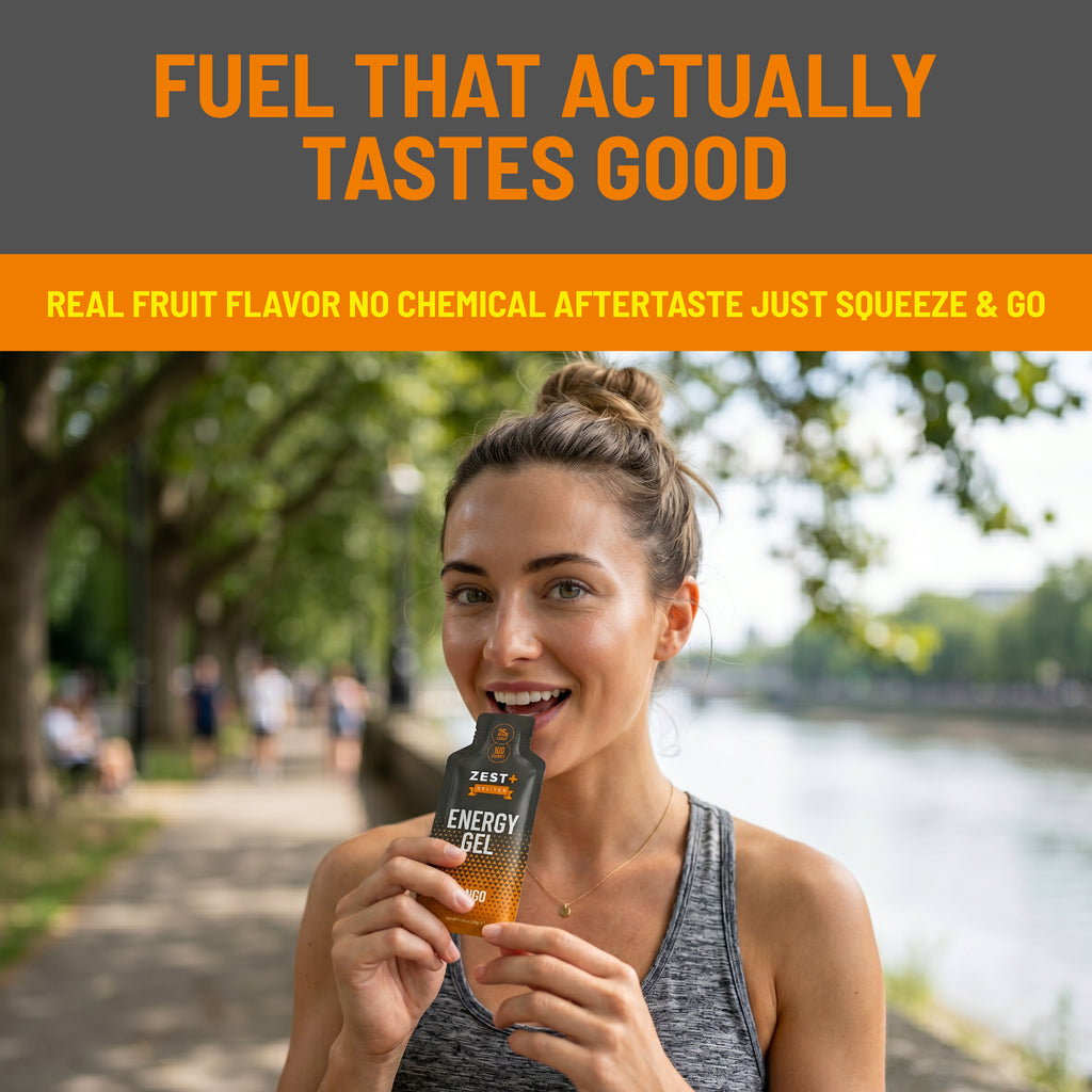 Zest Delites+ Energy Gel Strawberry | Mango | Lemon Variety Pack 12— Real Fruit, Gut-Friendly Running Fuel