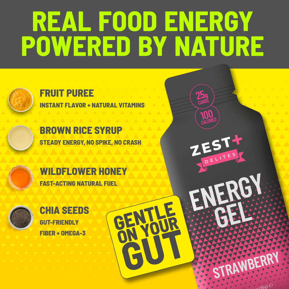 Zest Delites+ Energy Gel Strawberry | Mango | Lemon Variety Pack 12— Real Fruit, Gut-Friendly Running Fuel